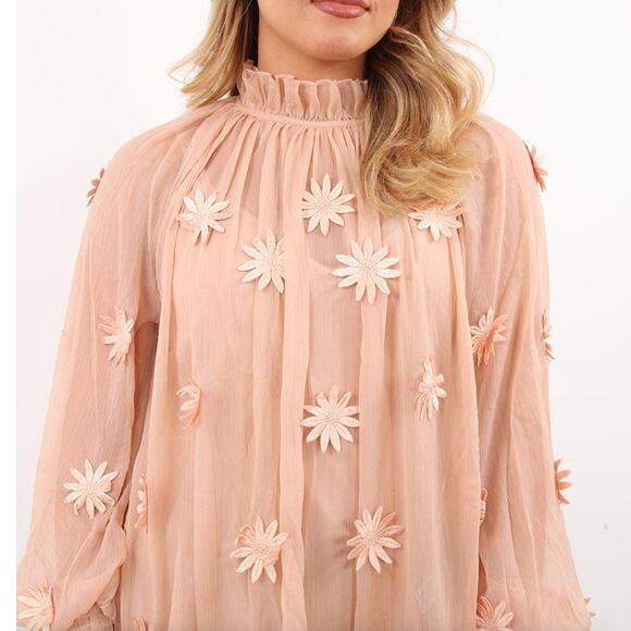 FRENCH CONNECTION Aziza Lace Long Sleeve Top Clay Nude Floral Applique {Q50} - Picture 1 of 7